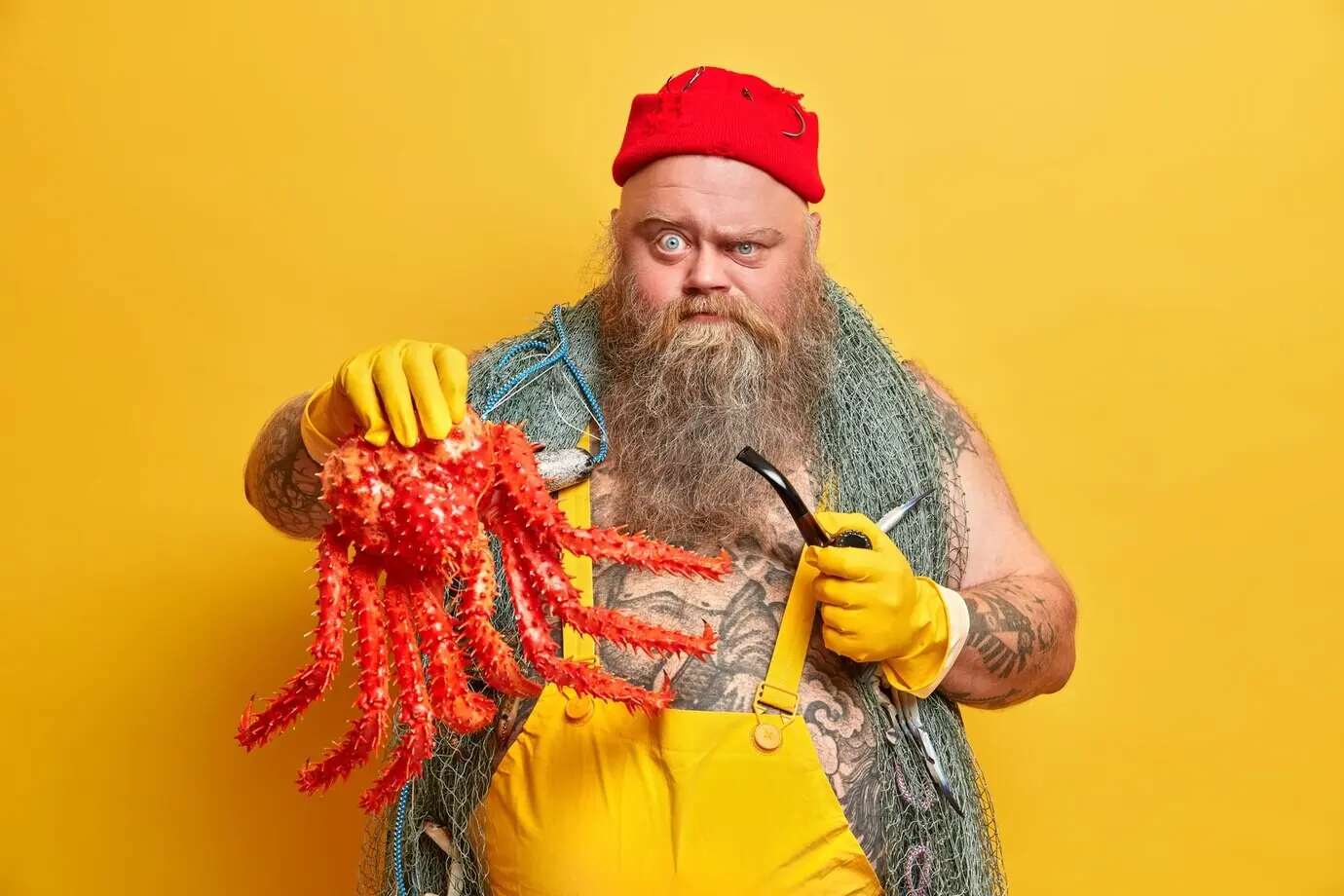 A serious, plump seafarer, knowledgeable about maritime rules and skilled in fishing, shows a large red octopus, smokes a pipe, and is ready to take orders from superiors.